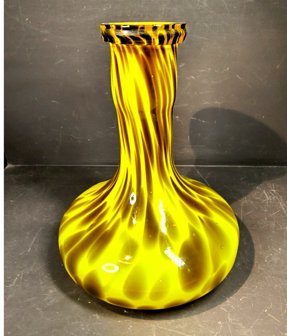 2242. Art Glass Vase Yellow and Brown Wide Stable Base Alpha Hookah Mini Base